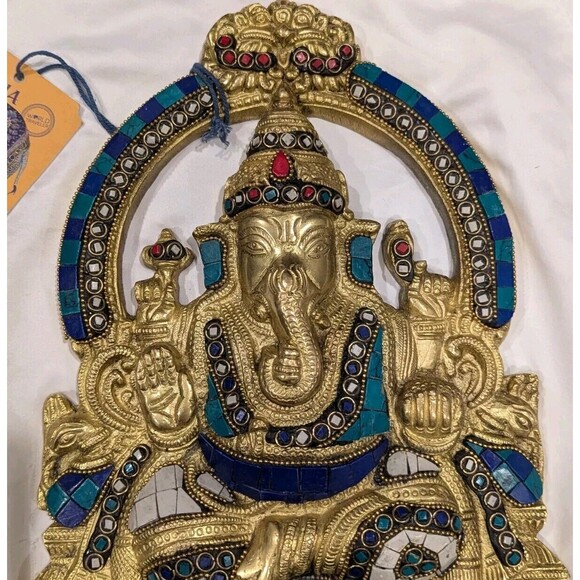 Colorful Brass Ganesh Idol Statue Elephant Murti God Ganesha Vinayak Ganpati - Picture 4 of 9